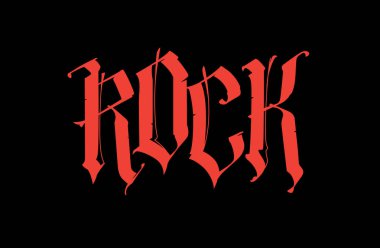 Gotik, yazıt Rock. Vektör. Dövme için yazı tipi. Kelime siyah bir arka plan üzerinde izole. Hat ve yazı. Kırmızı harflerle. T-shirt için logo. Slogan. Sloganı.
