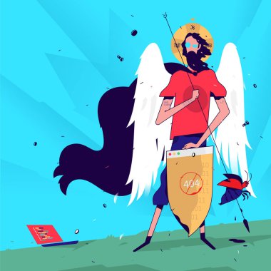 Bir programcı bir aziz suretinde Illustration. Vektör çizim. Programcı hatalarını ve hataları yakalar. Saint virüslere karşı korur. Maskot Internet şirketi için. O kutsal koruyucu sanayi. Mizah.
