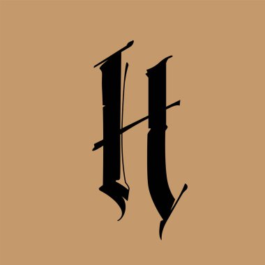 H harfi, Gotik tarzda. Vektör. Alfabe. Sembol altın bir arka planda izole edilmiştir. Kaligrafi ve harfler. Ortaçağ Latince mektubu. Şirketin logosu. Monogram. Dövme için zarif yazı tipi.