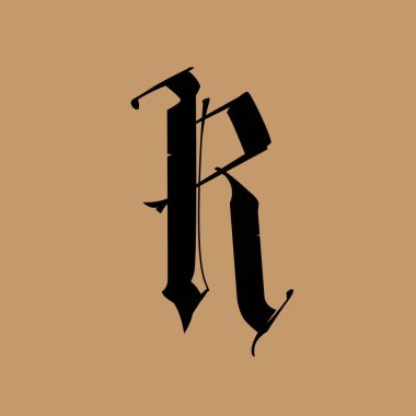 R harfi, Gotik tarzda. Vektör. Alfabe. Sembol altın bir arka planda izole edilmiştir. Kaligrafi ve harfler. Ortaçağ Latince mektubu. Şirketin logosu. Monogram. Dövme için zarif yazı tipi.