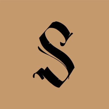 S harfi, Gotik tarzda. Vektör. Alfabe. Sembol altın bir arka planda izole edilmiştir. Kaligrafi ve harfler. Ortaçağ Latince mektubu. Şirketin logosu. Monogram. Dövme için zarif yazı tipi.