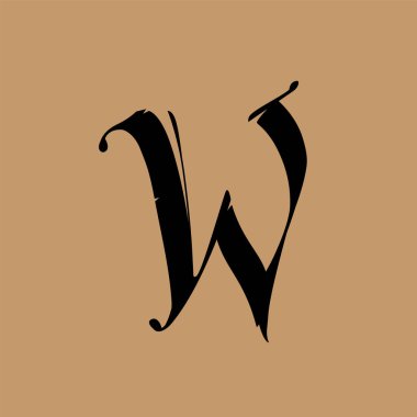W harfi, Gotik tarzda. Vektör. Alfabe. Sembol altın bir arka planda izole edilmiştir. Kaligrafi ve harfler. Ortaçağ Latince mektubu. Şirketin logosu. Monogram. Dövme için zarif yazı tipi.