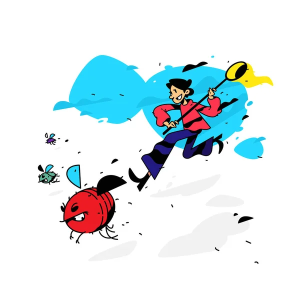 Ilustración Hombre Corriendo Con Moscas Escarabajos Ilustración Vectorial Probador Atrapa — Vector de stock