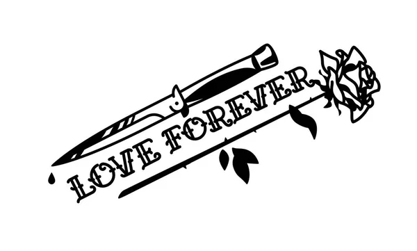 Tatuaggio Con Coltello Una Rosa Vettore Iscrizione Loving Forever Gotica — Vettoriale Stock