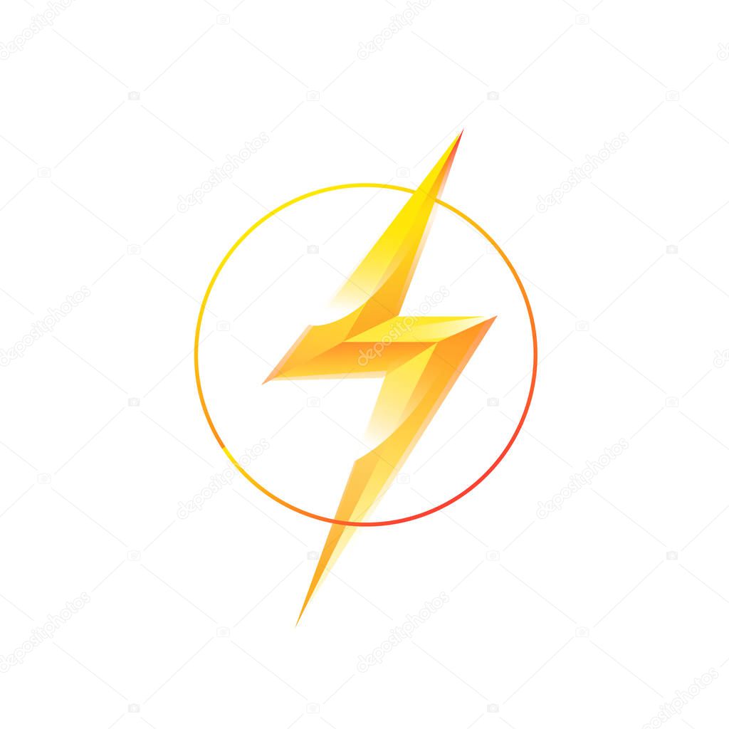 Logo of lightning in a circle. Vector. Lightning hits the center. Image is isolated on white background. Glyph of lightning flash. Emblem for an electric company, brand, sign. Gold shiny token.