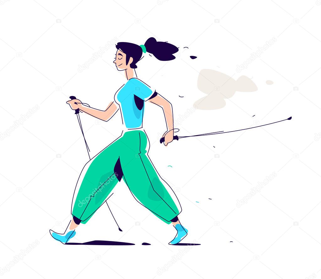 Illustration of the girl Scandinavian walking. The flat vector. Hiking in nature. The illustration is isolated on a white background. Scandinavian walking with sticks. Athletic way of life. Summer.