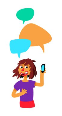 Komik kabarcıklar ve telefon ile kız. Vektör. Kız sohbet. İllüstrasyon karikatür tarzı. Resimde beyaz bir arka plan üzerinde izole. Maskot. Poster ve site için karakter.
