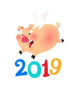 Domuz 2019 yılı Illustration. Vektör çizim. Görüntü beyaz arka plan üzerinde izole. Numaraları ile çalışan bir domuz. Yeni yılda Çin takvimine. Maskot Şirket.