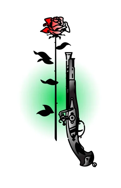 Татуировка Антикварного Пистолета Розы Вектор Винтажная Татуировка Стиле Американской Старой — стоковый вектор