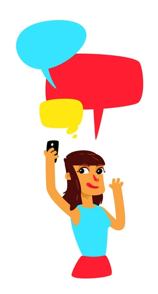 Una Chica Con Burbujas Cómicas Hace Selfies Vector Chica Está — Vector de stock