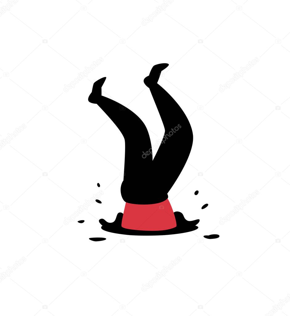 Illustration of a man falling into a pit. Vector illustration. Legs up. Image is isolated on white background. Logo protruding legs from the hatch, puddles. Metaphor. Failure. Defeat.
