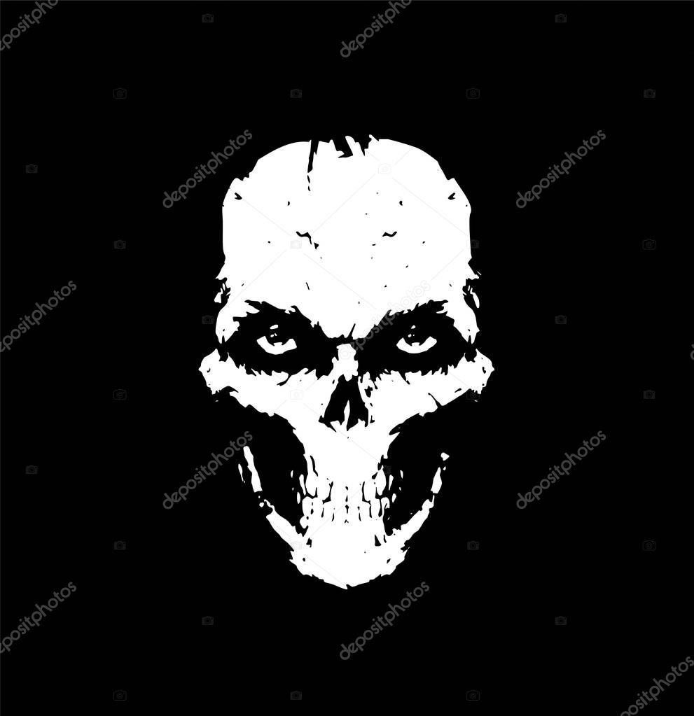 Illustration of a white skull on a black background. Vector. Skull for tattoos. Illustration for a scarf. Silhouette drawing. The face of death. Mask. Scary skull with eyes. A look from the underworld.