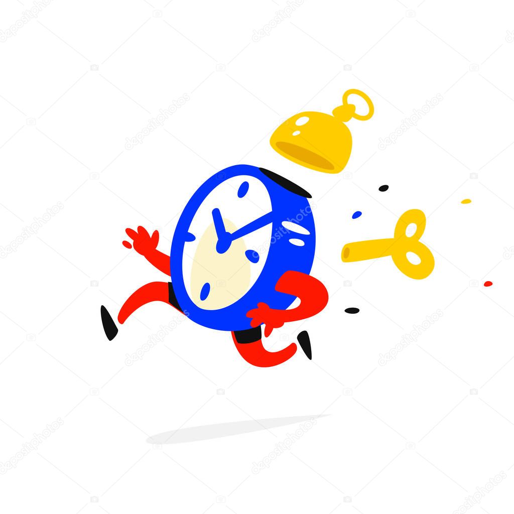 Cartoon character running alarm clock. Vector illustration. Time is up. The clock is running. Image is isolated on white background. Flat illustration for banner, print and website. Mascot company.