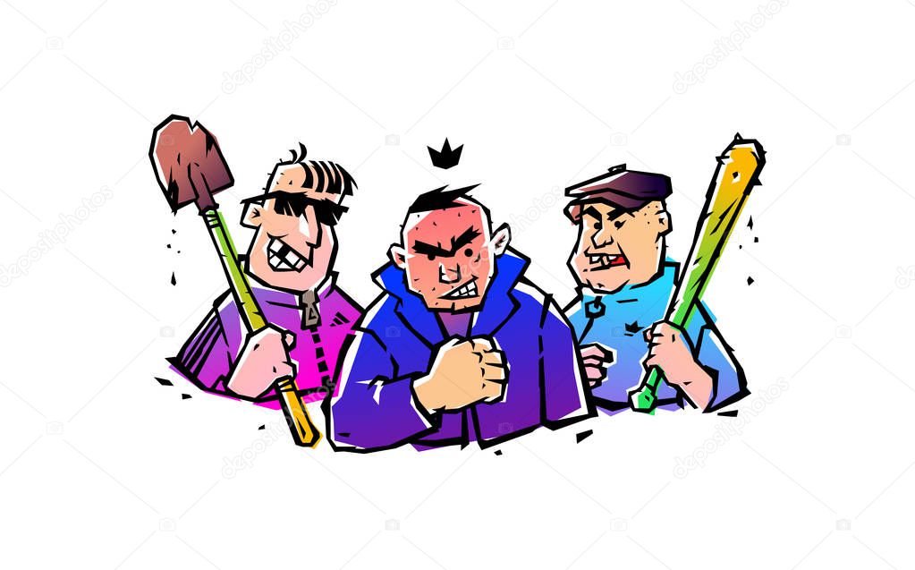 Illustration of three hooligans with a bat and a shovel. Vector. The illustration is isolated on a white background. Russian courtyard punks. Bandits and robbers. Funny mafia. Sticker, picture for T-shirt. Mascots.
