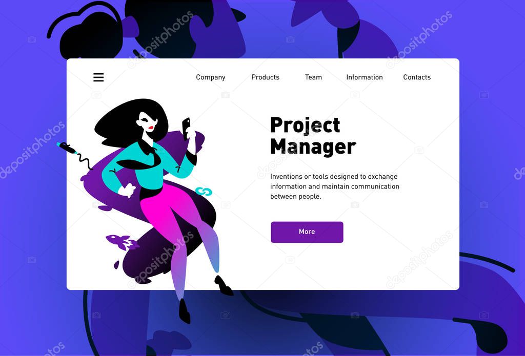 Template illustration of a web page for the landing. Vector illustration. Modern ideas, the development of mobile applications, sites. Project manager. Seo. Business modern style design layout.