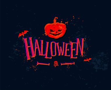 Resimde Cadılar Bayramı tatil için. Vektör. Turuncu kabak ve kafatası. Büyük harfler. Düzensiz yazı tipi. Korkutucu ve korkunç Gösterim amacıyla bir afiş tasarımı, el ilanı. Rozet ve logosu. Dokusal arka plan.