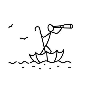 Bir şemsiye ile bir spyglass kayan bir erkekte Illustration. Vektör. Resim bir mağaza, afiş veya Web sitesi için. Görüntüsünü bir kar ve bir ev arayan bir hacı. Sayfa içinde şemsiye.