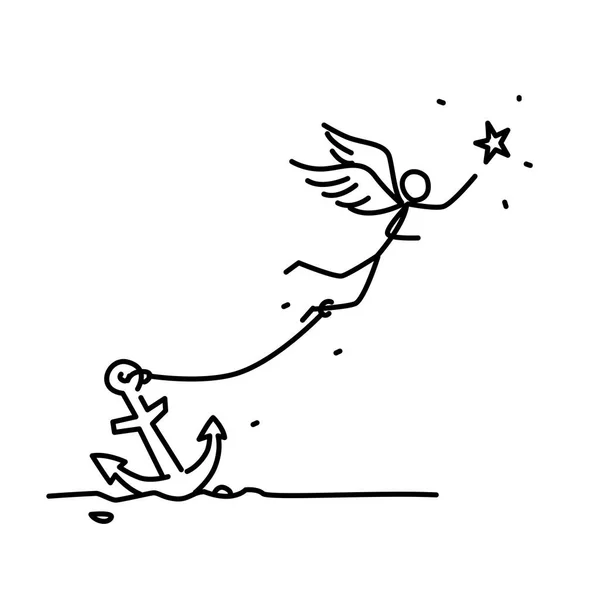 一个被铁链锁住的天使在星星后面飞翔的例证 一个翅膀被拴在锚上的人 横幅或网站的插图 简单的轮廓人 沉重的负担 — 图库矢量图片