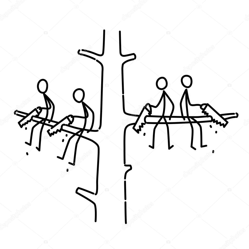 A man is sawing a branch on which he is sitting. Illustration of men sitting on different branches of a tree. Vector. Illustration for animation, banner or site. Simple contour man. Substitute in business.