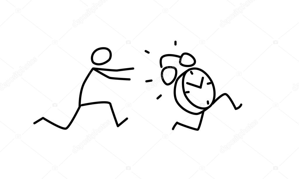Illustration of men running behind an alarm clock. Vector. Time is running out. All deadlines have passed. Linear style. Illustration for website or presentation. All time in time.