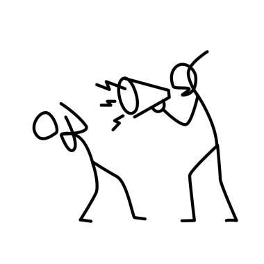 Bir çalışan çığlık öfkeli bir patron Illustration. Vektör. Bir hoşnutsuz Yöneticisi bir çalışan bağırır. Metafor. Doğrusal tarzı. Resmi Web sitesi veya sunum için. İş yerinde çatışma.