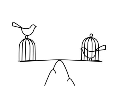 Bir kuş kafes ve büyük Illustration. Vektör. Özgürlük ve cezaevi. Özgürlük ve hapis arasında denge. Metafor. Doğrusal tarzı. Resmi Web sitesi veya poster için.