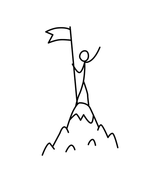 Иллюстрация Победителя Вершине Горы Флагом Вектор Захвати Гору Метафора Линейный — стоковый вектор