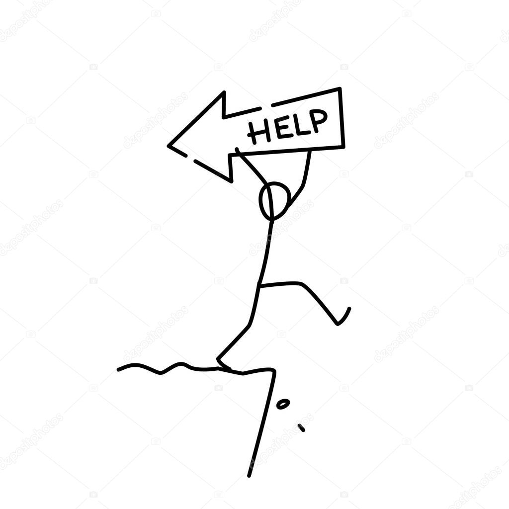 Illustration of a little man going to the abyss. Vector. Cry for help. The path to nowhere, danger near. Metaphor. Linear style. Illustration for website or poster.