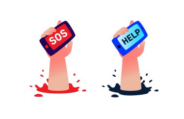 A human hand with a phone asks for help. Vector. Flat illustration. A cry for help, a SOS signal, through communication. Image is isolated on a white background. Logo for social movement. Metaphor. clipart