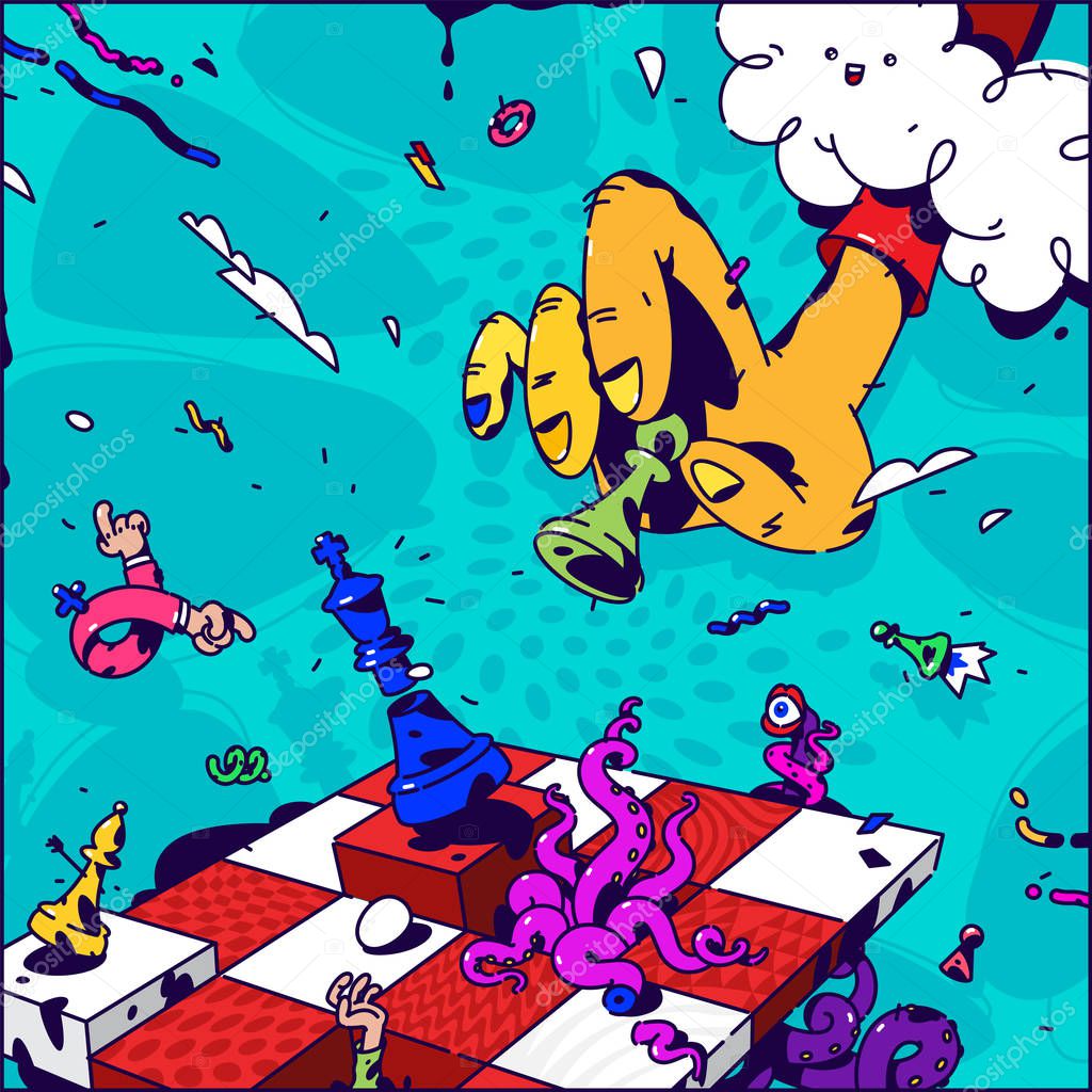 Psychedelic illustration about Chess. Vector. Hand with pawn checkmate. Surrealistic picture on the topic of management and business. Game of chess. Drawn elements. Cartoon flat style.