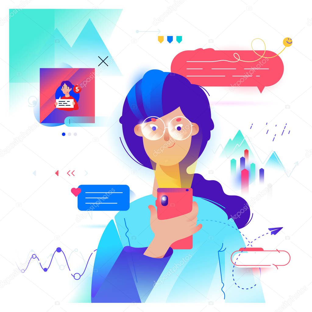 Cartoon girl communicates by phone in the messenger. Vector. Cute female image. Woman chatting and social networks. Illustration for banner or website. Marketing and advertising, smm. Sales, statistics.