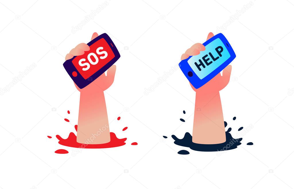 A human hand with a phone asks for help. Vector. Flat illustration. A cry for help, a SOS signal, through communication. Image is isolated on a white background. Logo for social movement. Metaphor.