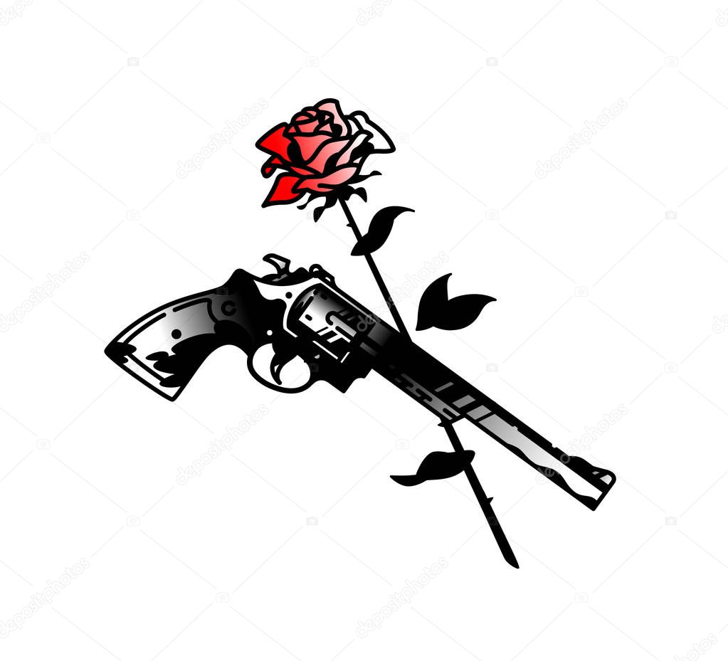 Tattoo pistol revolver and roses. Vector. Death and love. Hipster tattoo. The style of the old American school. Image is isolated on a white background. Outline drawing.