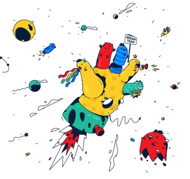 El Soyut Illustration. Vektör. Gerçeküstü el parmakları karakterlerle. Roket-el, Şef ve müdürleri sembolü. Gösterim amacıyla poster, afiş ve t-shirt. Görüntü takım rüyalar.