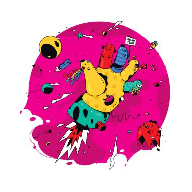 El Soyut Illustration. Vektör. Uzayda parmak karakterlerle gerçeküstü el. Roket-el, Şef ve müdürleri sembolü. İllüstrasyon için poster, afiş. Görüntü takım rüyalar.