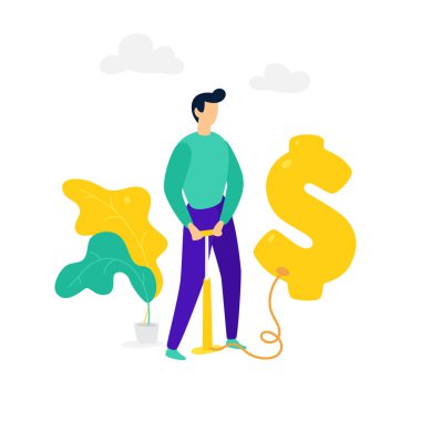 Bir adam bir pompa ile bir doları balon açılırsa. Vektör. Para işareti kabarcık döviz piyasasında. Metafor. Amerikan Doları yükselişi. Kabarcık yatırım piyasada.