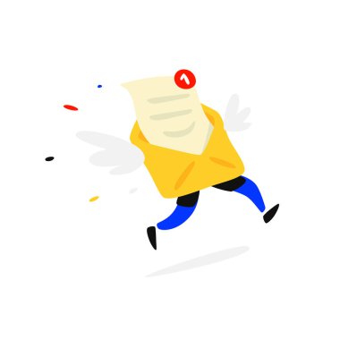 Bir mektup ve bacakları ile çalışan posta zarf. Vektör. Sms harf. E-posta. Maskotu posta Şirket ve tasarım düzenleri için. Hızlı teslimat yazışma. İleti teslim.