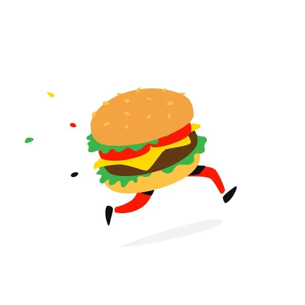 Icon running hamburger. Vector. Logo for fast food and food delivery. Funny illustration of a sandwich with a cutlet. Cartoon badge, emblem for the company. Sticker and mascot for the store site.