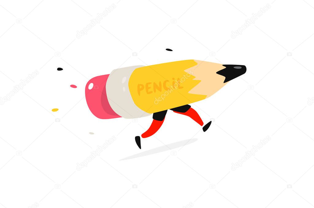 Running yellow pencil. Vector. Vintage, retro style. Logo for a company or training center. Flat style. Pencil character. Studio design and drawing. Mascot