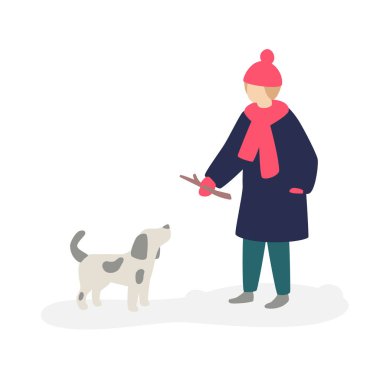 Bir kız bir köpekle oynamayı Illustration. Vektör. Kız Genç bir ceket gri bir köpek için sorar. İki arkadaş. Düz çizgi film tarzı. Doğadaki en iyi arkadaşıyla bekletin. Kış yürüyüşleri.