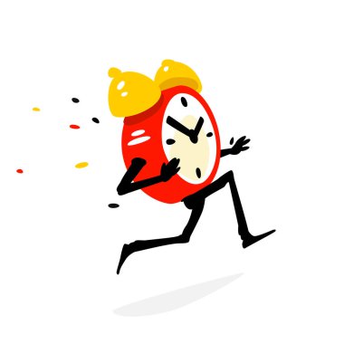 Çizgi film karakteri çalışan çalar saat. Vektör çizim. Zaman doldu. Saat işliyor. Görüntü beyaz arka plan üzerinde izole. Düz Gösterim amacıyla afiş, baskı ve Web sitesi. Maskot Şirket.