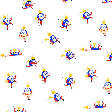 Mavi çalar saatler çeşitli pozlar ve duygular deseni. Vektör. Duygusal saatten illüstrasyonlar. Zaman simgeleri düz stil. Süsleme kumaş ve tekstil. Çalışma modu. Öğle yemeği için mola.