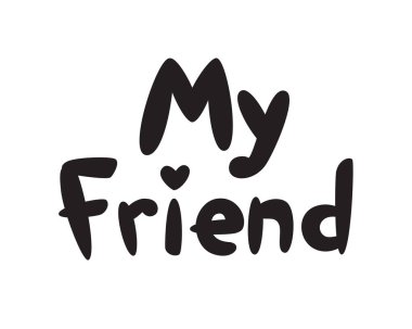 Logo Yazıtı arkadaşım. Vektör. Logo, sembol şirket için. Çocuk Giyim Mağazası için logo. Arkadaşlar internette arayın. Düz çizgi film tarzı. Etiket.