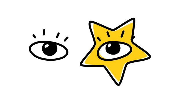 人类眼睛的插图 外观将定向到查看器 流行歌星的形象 黄星就像脸上的化妆品 时尚的 T恤形象 — 图库矢量图片