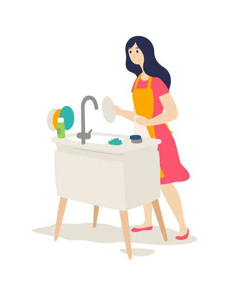 The girl washes the dishes. Vector. Flat cartoon style. The keeper of the hearth does housework. A young woman wipes her dishes while standing at the sink. Family matters. Illustration for the magazine.
