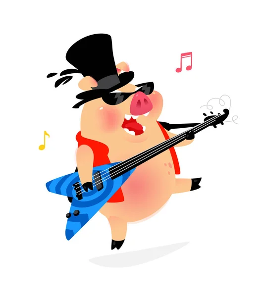 Illustration Cochon Dans Chapeau Avec Une Guitare Vecteur Interprète Rock — Image vectorielle