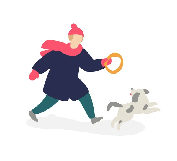 Illustration Girl Playing Dog Vector Girl Teenager Coat Runs Gray — Stock Vector