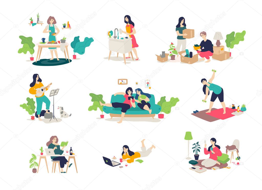 Illustrations of girls and boys engaged in household chores. Vector. Young people relax, play the guitar, cook, sit on the Internet. Relocation, delivery of things. Illustrations for the magazine. Gymnastics.
