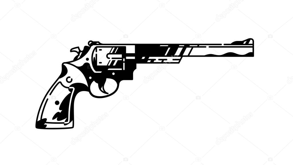 Illustration of a multi-shot revolver. Vector. Painted gun. Black and white contour graphic drawing. Tattoo. Decorative vintage element for design.