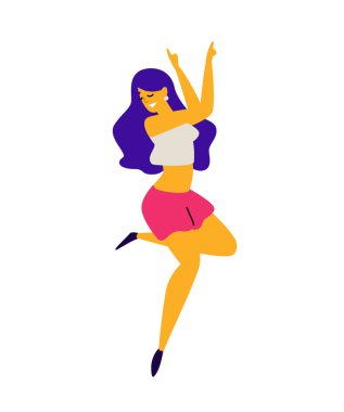 Şort ve tank top neşeli dans eden kız. Vektör. Gülen genç bir kadın Illustration. Dans stüdyosu için karakter. Düz stil. Pozitif seksi erkek. Karakter disko.